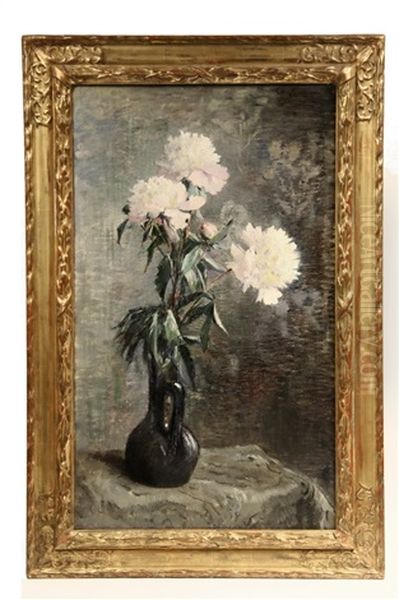 Still Life Of White Peonies In A Black Jar Oil Painting by Marie-Lucie Cornelius