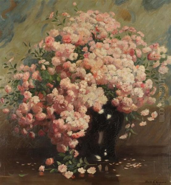 Pink Cherry Blossoms In Vase Oil Painting by Thomas C. Corner