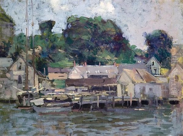 A Dock With Gray Houses, Gloucester Harbor Oil Painting by Paul Cornoyer