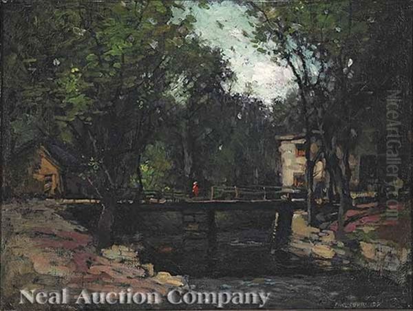 A Bridge Over A Stream (cos Cob, Connecticut?) Oil Painting by Paul Cornoyer