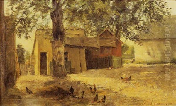 Farm Scene With Chicken Feeding In Front Of A Chicken Coop Oil Painting by Paul Cornoyer