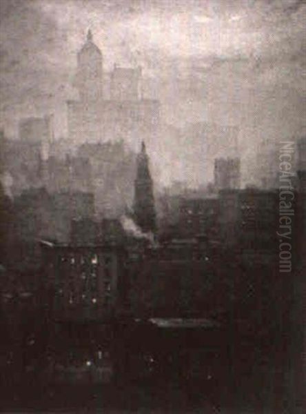 New York Skyline At Dusk Oil Painting by Paul Cornoyer