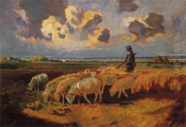 Pastore E Gregge Nella Campagna Romana, 1909 Oil Painting by Umberto Coromaldi