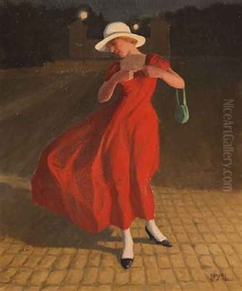 Evening Scene With A Lady In A Red Dress Oil Painting by Poul Corona