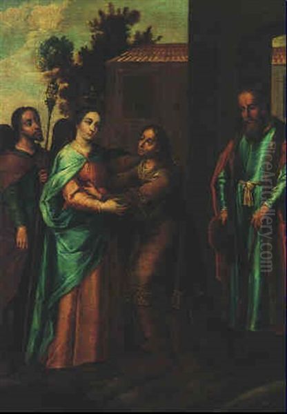 El Encuentro De La Virgen Maria Y Santa Isabel Oil Painting by Juan de Correa da Vivar