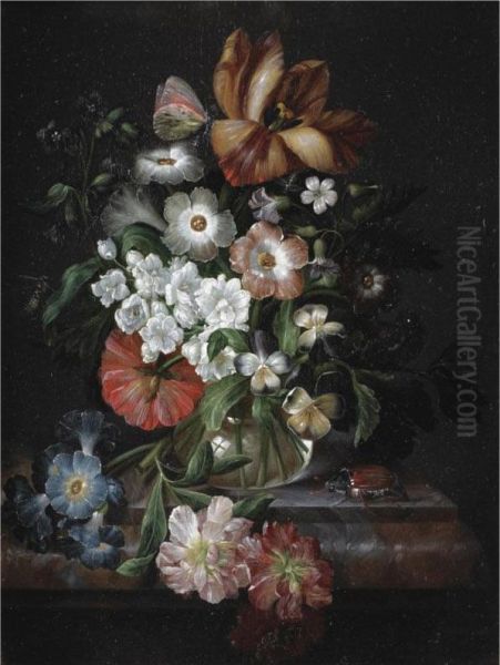 A Still Life With Carnations, An Iris, Morning Glory And Other Flowers In A Glass Vase On A Ledge With A Beetle Oil Painting by Johann-Adalbert Angermeyer