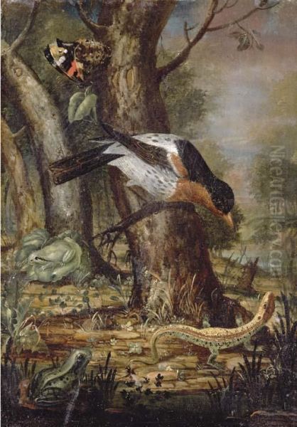 A Forest-floor Still Life With A Thrush On A Branch Oil Painting by Johann-Adalbert Angermeyer