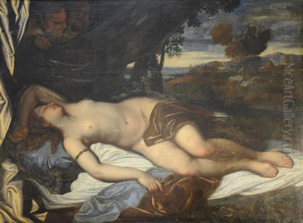 Nymphe Guettee Par Deux Satyres Oil Painting by  Correggio