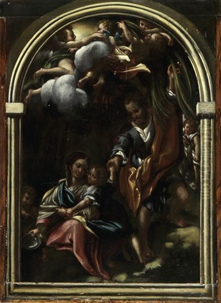 Die Hl. Familie Mit Engeln In Einer Architekturumrahmung Oil Painting by  Correggio