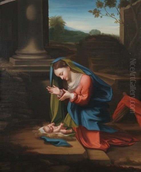 Madonna Adoring The Christ Child Oil Painting by  Correggio