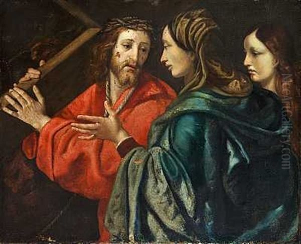 Jesus Baerer Korset Til Golgata, Ved Hans Side Gar To Kvinder (jomfru Maria Og Maria Magdalene?) Oil Painting by  Correggio