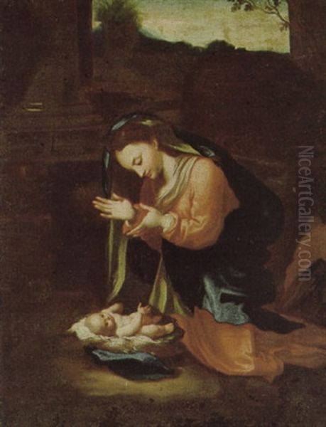 Madonna In Adorazione Del Bambino, Versione Dal Dipinto Negli Uffizi, Firenze Oil Painting by  Correggio