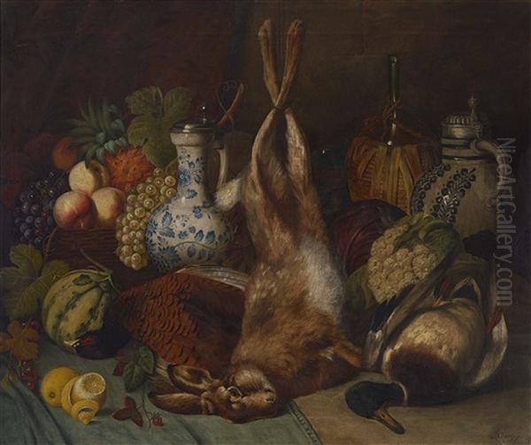 Stillleben Mit Erlegtem Hasen, Ente, Fruchten Und Krugen Oil Painting by Joseph Correggio