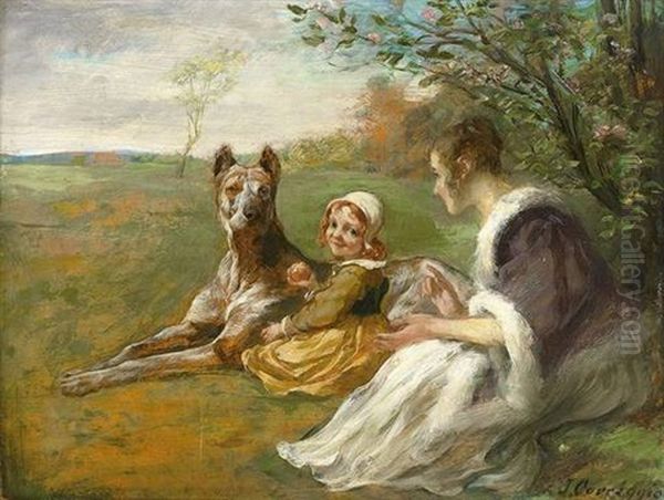 Mutter Und Kind Neben Ruhender Dogge In Fruhlingswiese Oil Painting by Joseph Correggio