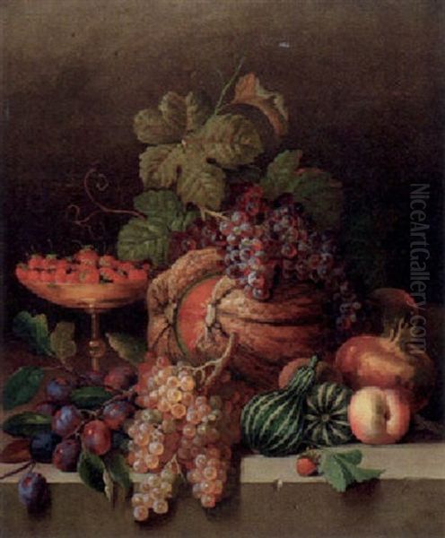 Fruchtestilleben Mit Kurbis, Roten Und Weisen Trauben, Pflaumen, Erdbeeren Auf Einer Schale, Quitten Und Anderem Obst Oil Painting by Joseph Correggio