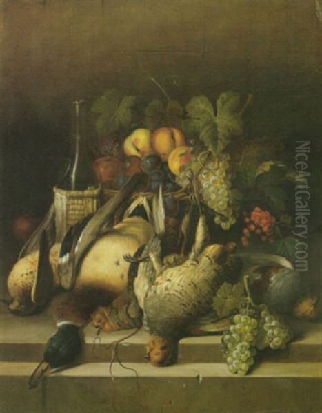 A Still Life With Fruit In A Basket And A Mallard, Partridges And Other Birds On A Ledge Oil Painting by Joseph Correggio