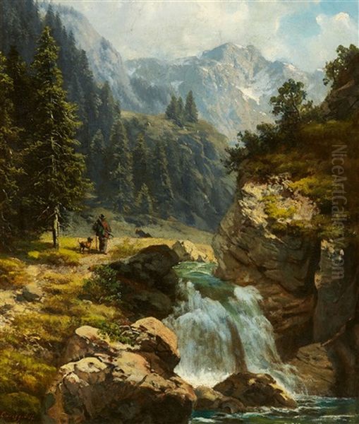 Mountain Landscape With A Waterfall Oil Painting by Ludwig Correggio