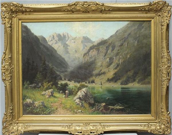 Bauerin An Einem Gebirgssee In Oberbayern Oil Painting by Ludwig Correggio