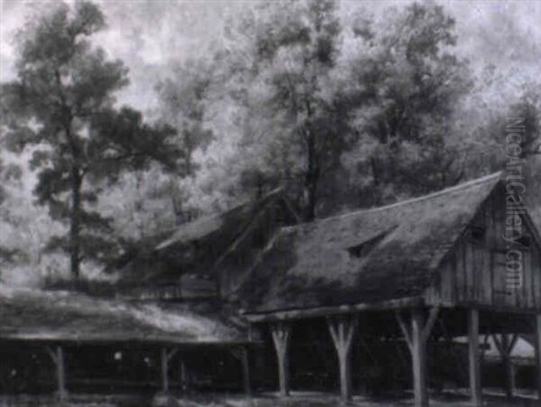 Stallgebaude Unter Baumen Oil Painting by Ludwig Correggio