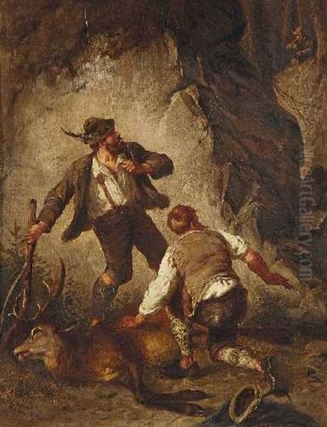 Auf Frischer Tat Ertappt: Zwei Wilderer Mit Erlegtem Hirsch Werden Von Einem Jager Uberrascht Oil Painting by Max Correggio