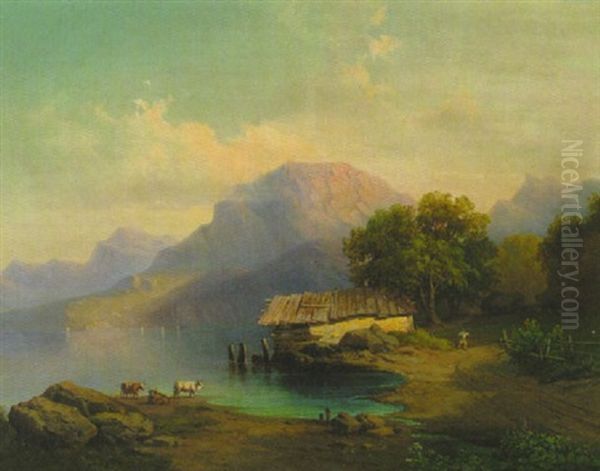 Fischerhaus Am Ufer Des Gebirgssees Oil Painting by Erich Correns