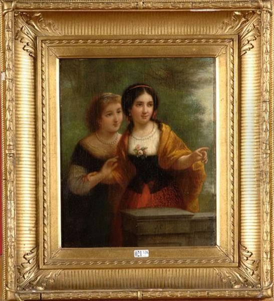 Deux Elegantes A La Balustrade Oil Painting by Josef Cornelius Correns