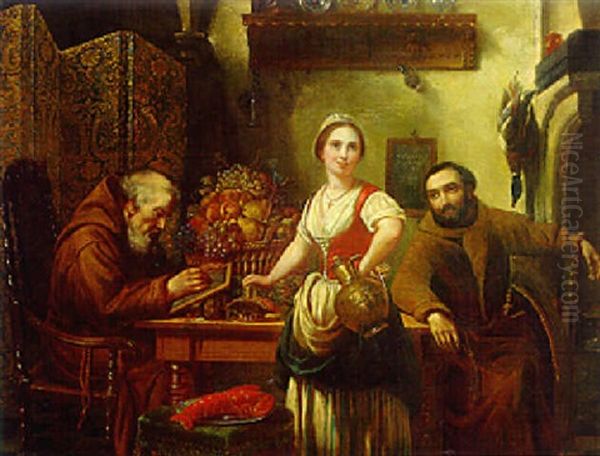 A Kitchen Interior With A Milkmaid And Monks Oil Painting by Josef Cornelius Correns