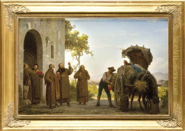 Monche Mit Weinhandler Bei Einer Weinprobe Vor Dem Kloster Oil Painting by Arnoldo Corrodi