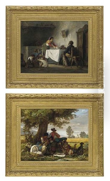 A Family Meal (+ The Picnic; Pair) Oil Painting by Arnoldo Corrodi