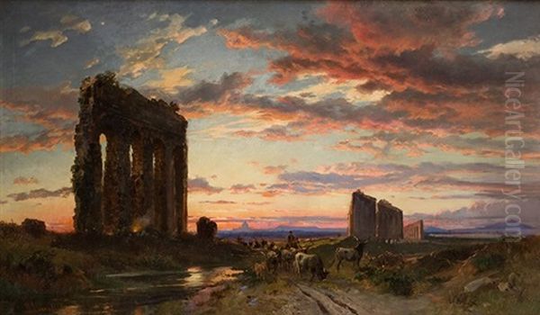 A Roman Aqueduct On The Appia Antica At Sunset Oil Painting by Hermann David Salomon Corrodi