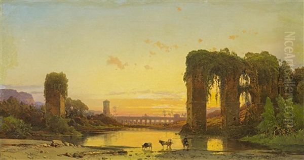 Tiberlandschaft Mit Antiken Ruinen, Abendstimmung Oil Painting by Hermann David Salomon Corrodi