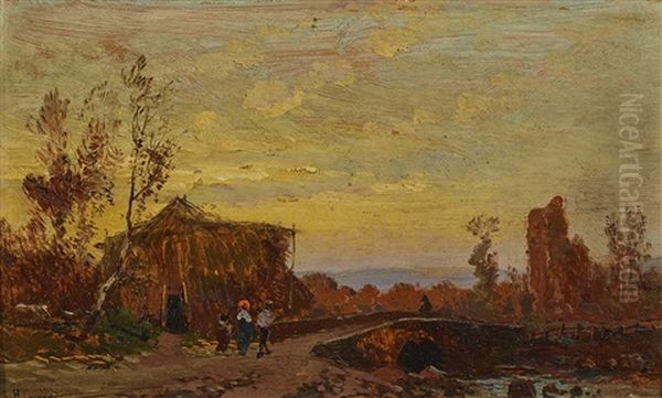 Landscape With Bridge And People Oil Painting by Hermann David Salomon Corrodi