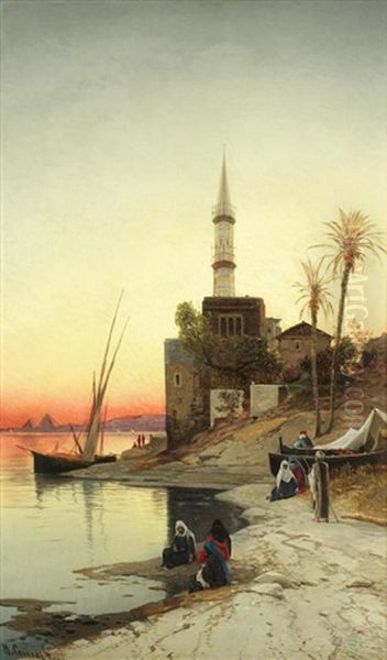 The Nile At Sunset Oil Painting by Hermann David Salomon Corrodi