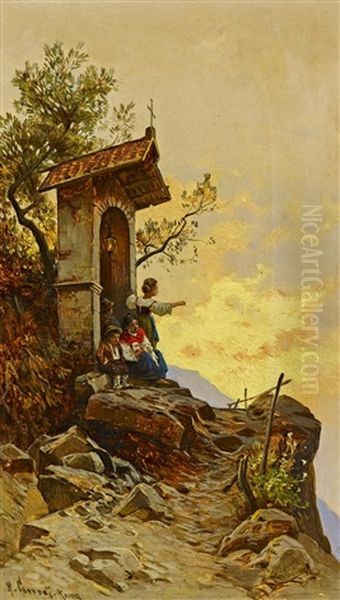 Kinder Am Bildstock Oil Painting by Hermann David Salomon Corrodi