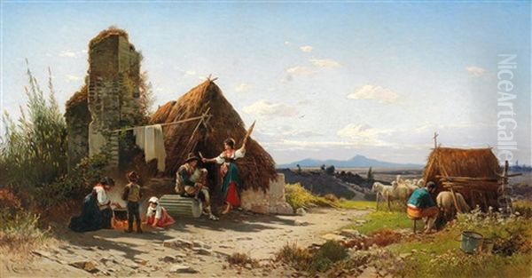 A Scene Of Daily Life In The Roman Campagna Oil Painting by Hermann David Salomon Corrodi