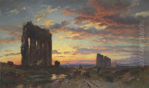 A Roman Aqueduct On The Appia Antica At Sunset by Hermann David Salomon Corrodi