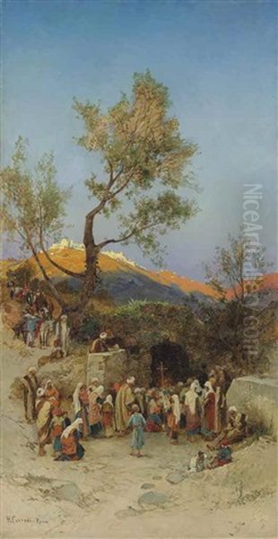 Pilgrims Journeying To The Mount Of Olives, Jerusalem Beyond Oil Painting by Hermann David Salomon Corrodi