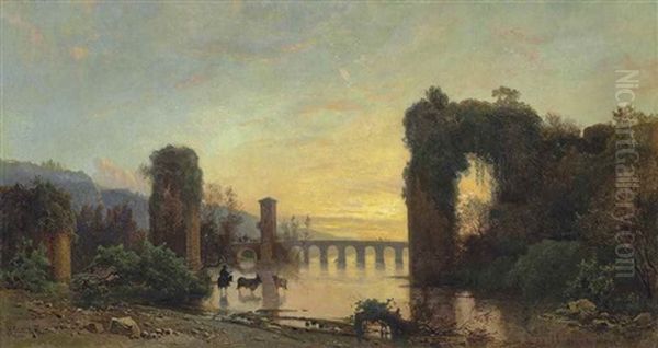 A Roman Aqueduct At Sunset Oil Painting by Hermann David Salomon Corrodi