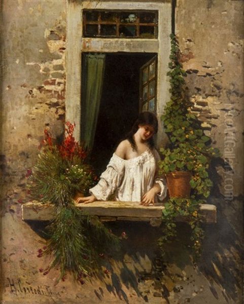 Lady On A Balcony Oil Painting by Hermann David Salomon Corrodi