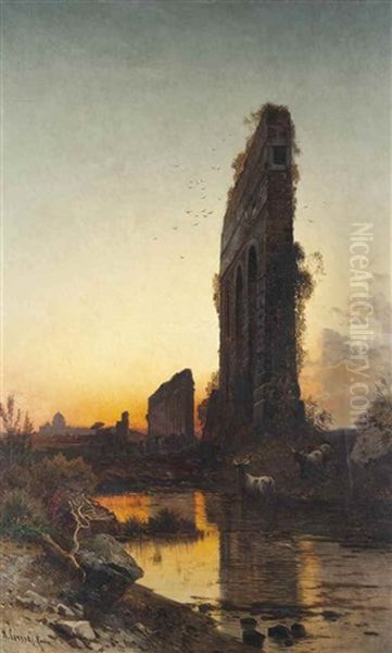 Roman Aqueducts, St. Peter's Basilica Beyond Oil Painting by Hermann David Salomon Corrodi