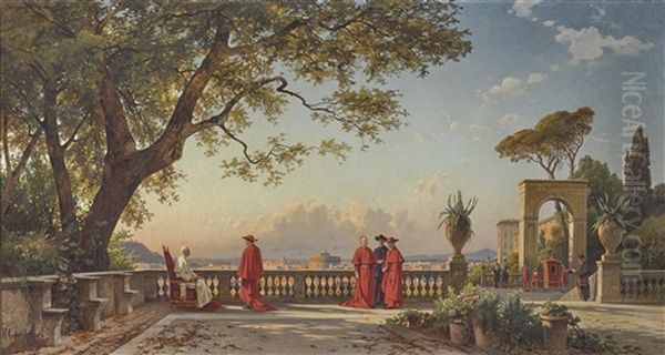 Papst Leo Xiii. Mit Kardinalen Auf Einer Terrasse Uber Rom Oil Painting by Hermann David Salomon Corrodi