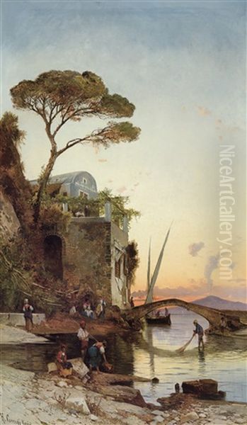 Petit Port De Peche Dans La Baie De Naples Oil Painting by Hermann David Salomon Corrodi