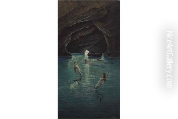 Ein Fischer Und Meerjungfrauen In Der Blauen Grotte Auf Capri Oil Painting by Hermann David Salomon Corrodi