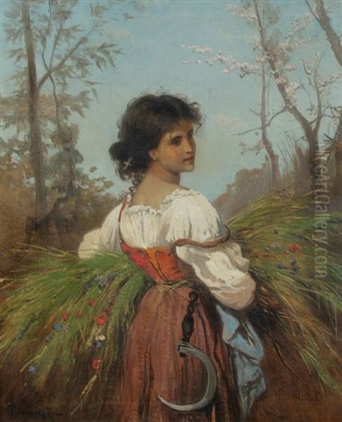 Girl With Scythe Oil Painting by Hermann David Salomon Corrodi