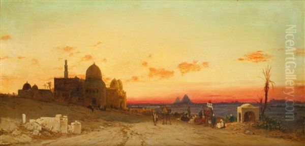 Les Pyramides Vues Des Tombeaux Des Califes Oil Painting by Hermann David Salomon Corrodi