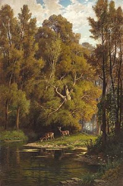 Deer At A Lake In The Forest Oil Painting by Hermann David Salomon Corrodi