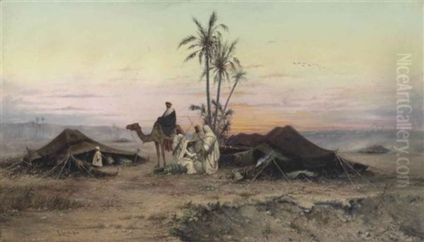 A Bedouin Camp At Dusk Oil Painting by Hermann David Salomon Corrodi