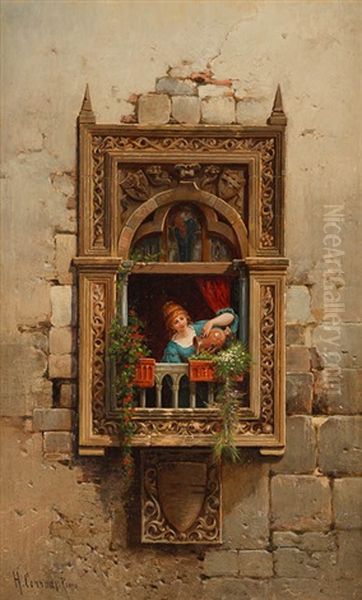 Junge Frau Am Fenster In Herrschaftlichem Anwesen Oil Painting by Hermann David Salomon Corrodi