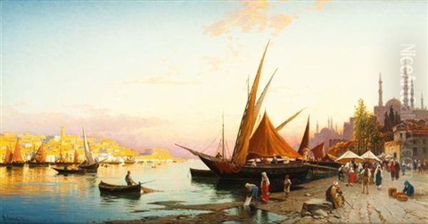 Bateaux De Peche Sur Le Bosphore Oil Painting by Hermann David Salomon Corrodi