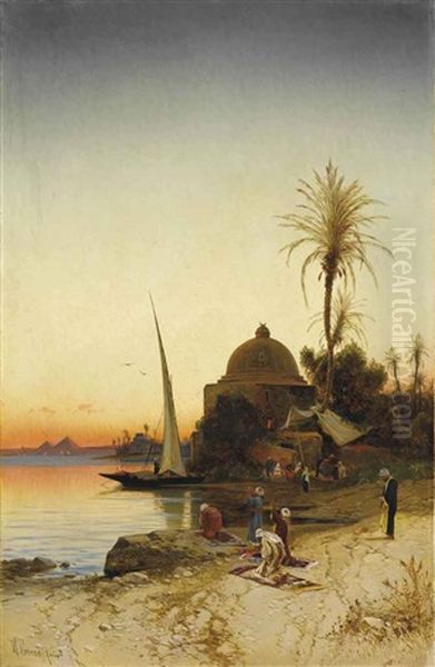 Prayers At The Bank Of The River Nile Oil Painting by Hermann David Salomon Corrodi